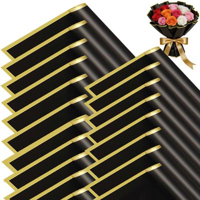 DMIMIA 20 Sheets Black Flower Wrapping Paper with Gold Edge, 56 x 56 cm