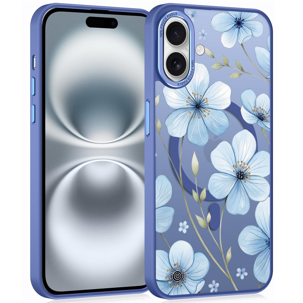 Phoona iPhone 16 Case with MagSafe, Blue Flowers