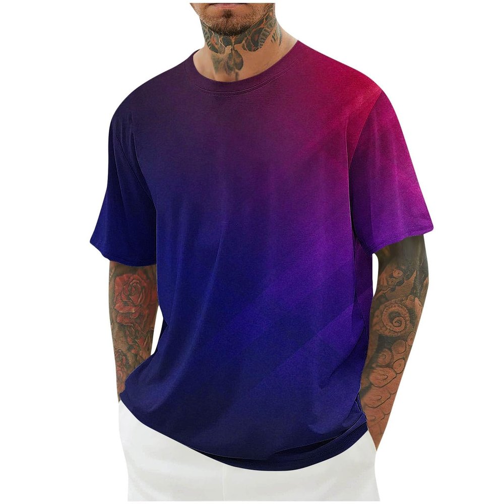 Men's Casual Crew-Neck Gradient T-Shirt, Digital Watch (Z3-Purple, XXXL)