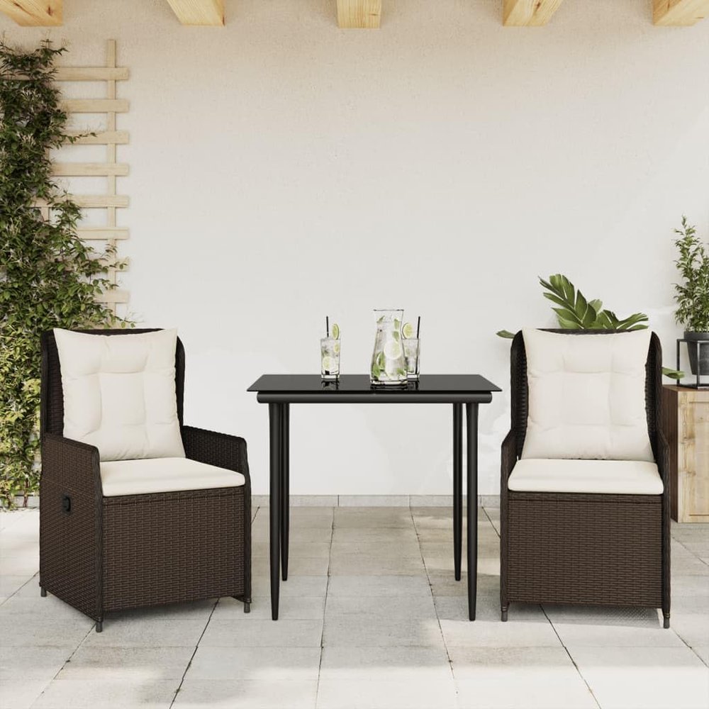 Verderoom 3-Piece Brown Rattan Patio Dining Set with 2 Adjustable High-Back Chairs