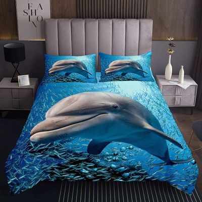 Loussiesd Dolphin Ocean-Themed Blue Bedspread, 170 x 210 cm, with Pillowcase