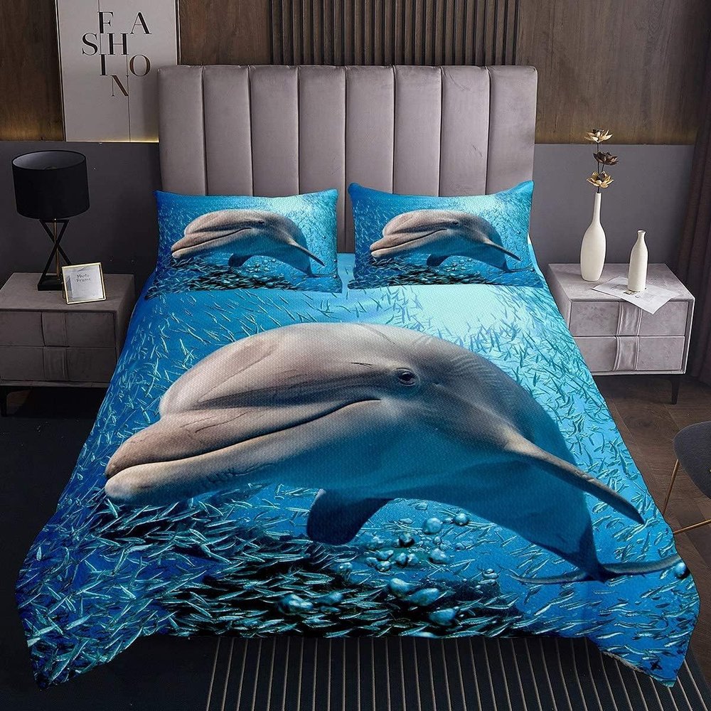 Loussiesd Dolphin Ocean-Themed Blue Bedspread, 170 x 210 cm, with Pillowcase