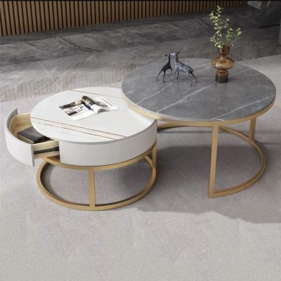 YHKJLYH Round Nesting Coffee Tables, Set of 2, Gold/Black Steel Frame, MDF Marble Tops