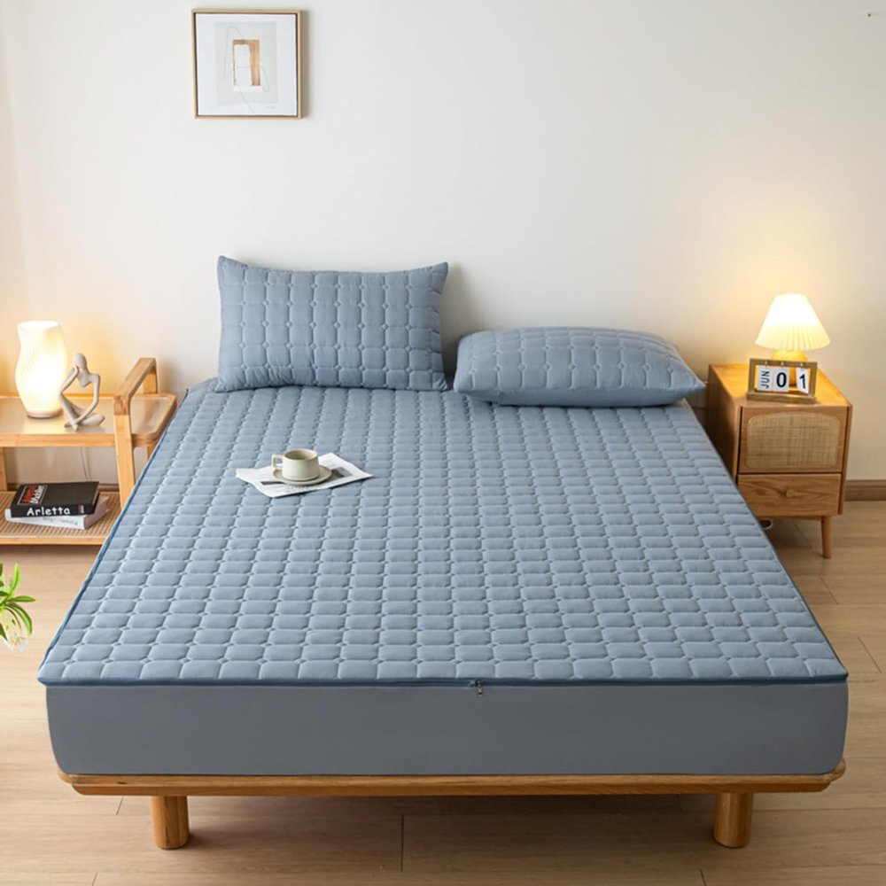 TYYUETY Wraparound Mattress Cover with Removable Zipper, Moisture-Resistant Protector for Innerspring Mattresses, Blue, 180 x 190 + 5 cm