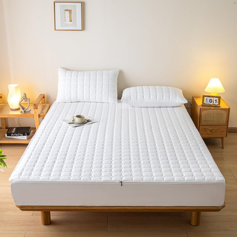 TYYUETY Zippered Wraparound Mattress Cover, Moisture-Resistant Quilted Protector for Innerspring Mattresses, White, 180 x 190 + 15 cm