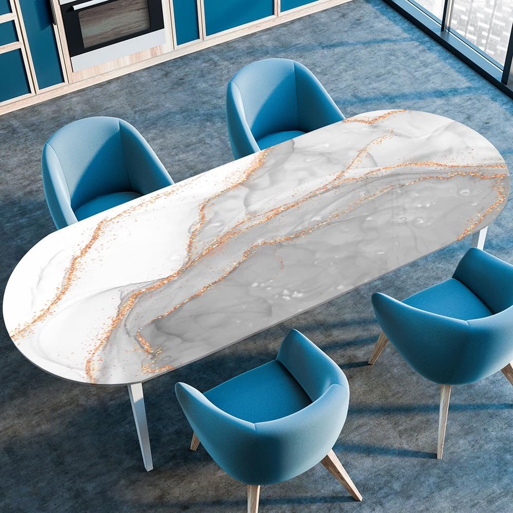 Surwin Elastic Oval Tablecloth, Wipeable Fitted Cover with Elastic Edge, 3D Marble Gray, 107 x 165 cm