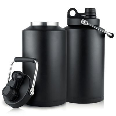 Wide-Mouth Insulated Stainless Steel Water Jug, Keeps Ice for 48 Hours, Leakproof Vacuum Thermos Flask for Gym, Camping and Construction, Black, 2-Pack