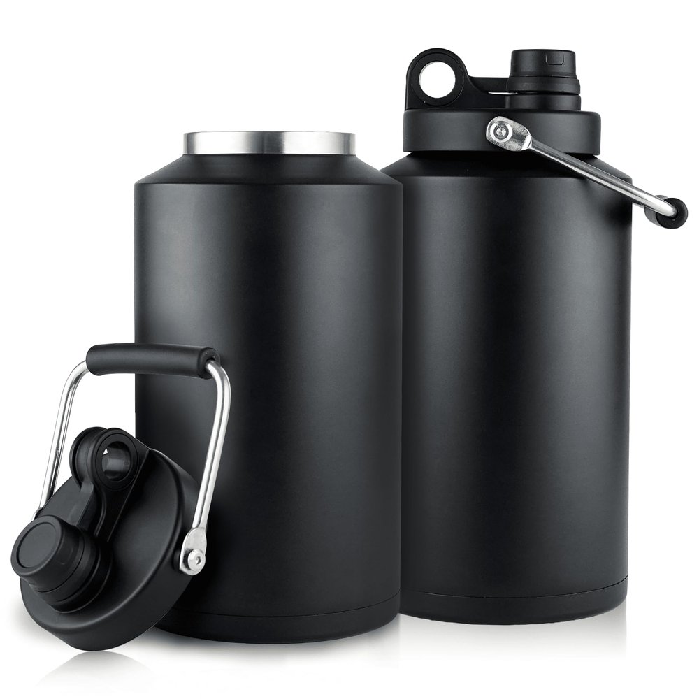 Wide-Mouth Insulated Stainless Steel Water Jug, Keeps Ice for 48 Hours, Leakproof Vacuum Thermos Flask for Gym, Camping and Construction, Black, 2-Pack