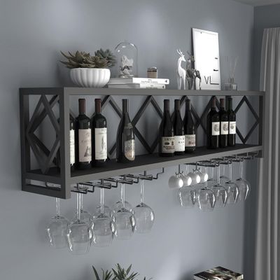 Wall-Mounted Wine Rack with Glass Holder, 2 Tiers