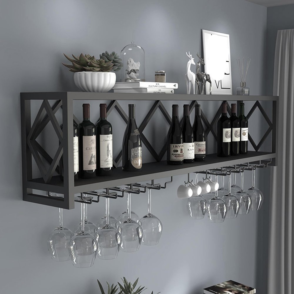 Wall-Mounted Wine Rack with Glass Holder, 2 Tiers