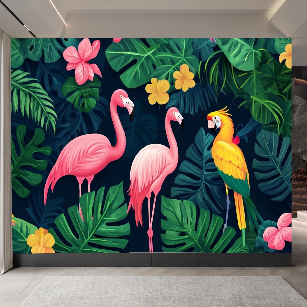 Flamingo & Parrot 3D Wall Mural, Flower Jungle Design, 350 x 245 cm