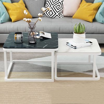 YHKJLYH Modern 2-Piece Nesting Coffee Table Set for Living Room, Marble-Effect Tempered Glass