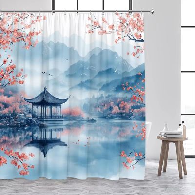 JGGXHM Japanese-Style Abstract Mountain Lake Pavilion Shower Curtain, 178 x 175 cm