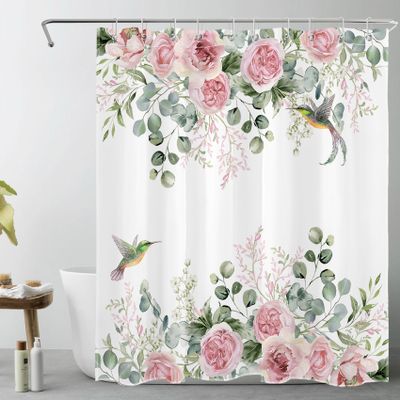 LB Pink Rose Blossom Shower Curtain, 150 x 180 cm, Eucalyptus Leaves and Hummingbird