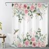 LB Pink Rose Blossom Shower Curtain, 150 x 180 cm, Eucalyptus Leaves and Hummingbird view 1