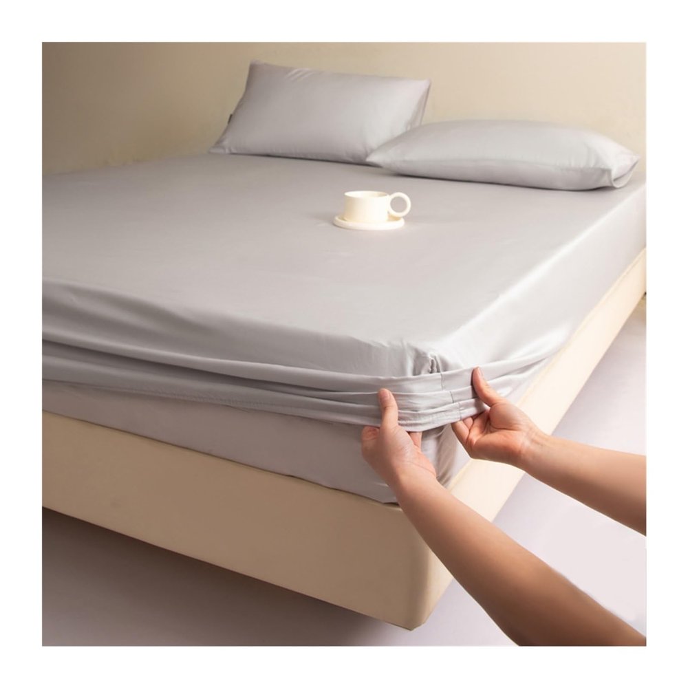 GBHMJU Tencel-Satin Fitted Sheet, 120 x 200 cm + 48 x 74 cm Pillowcase, Light Gray, 25 cm Deep Pocket