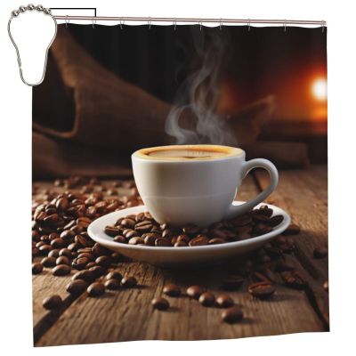 ZXMDZTSS Coffee Cup and Coffee Bean Print Shower Curtain, Waterproof Fabric, 183 x 183 cm, 12 Hooks