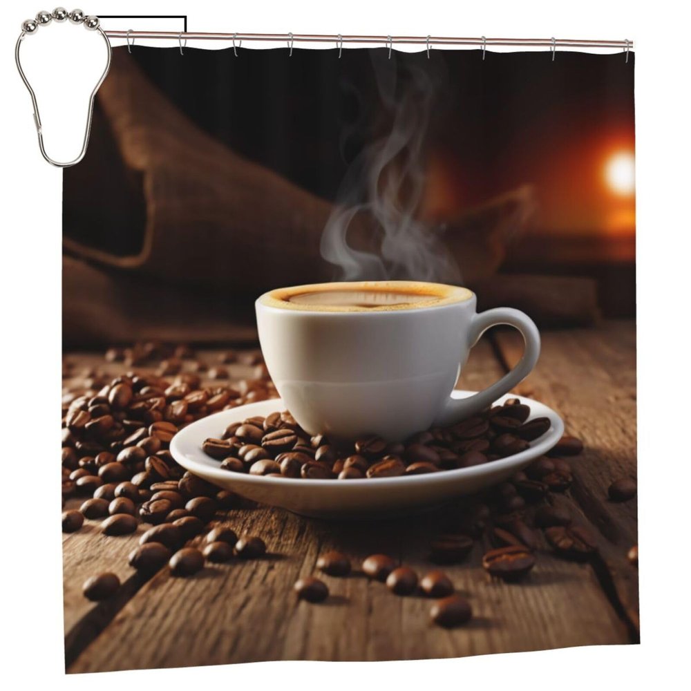 ZXMDZTSS Coffee Cup and Coffee Bean Print Shower Curtain, Waterproof Fabric, 183 x 183 cm, 12 Hooks