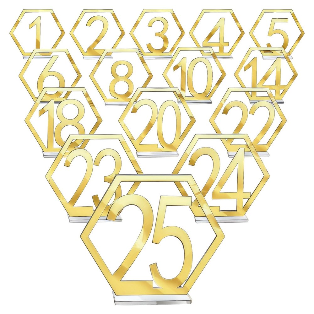 Geometric Acrylic Table Numbers 1–25, Reflective Gold with Clear Holders
