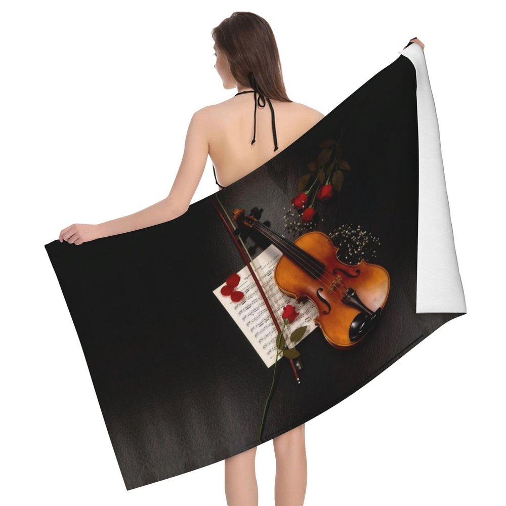 JBYJBX Violin Note Print Beach Towel, Quick-Drying Microfiber, Sand-Resistant