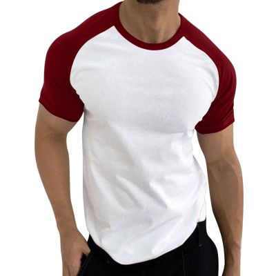 Men's Spring Casual Sport Color-Block Raglan-Sleeve Crew-Neck T-Shirt Set (Wine, XXXL)