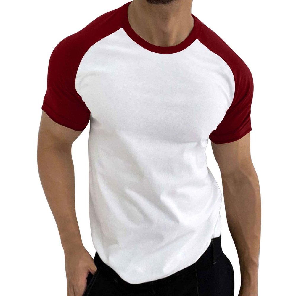 Men's Spring Casual Sport Color-Block Raglan-Sleeve Crew-Neck T-Shirt Set (Wine, XXXL)
