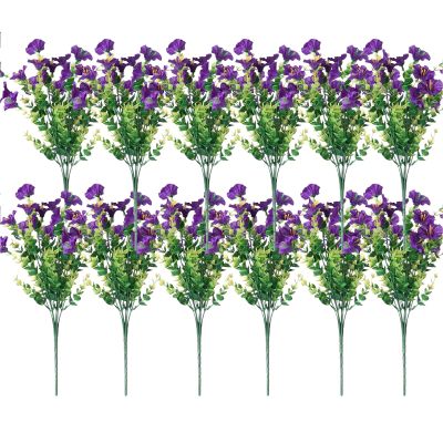 12 Bundles Artificial Flowers for Balcony, Weather-Resistant Faux Flowers, Purple