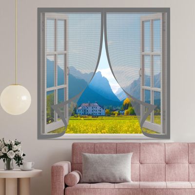 Custom-Size Window Insect Screen 115 x 95 cm, Magnetic Curtain, No Drilling, Gray
