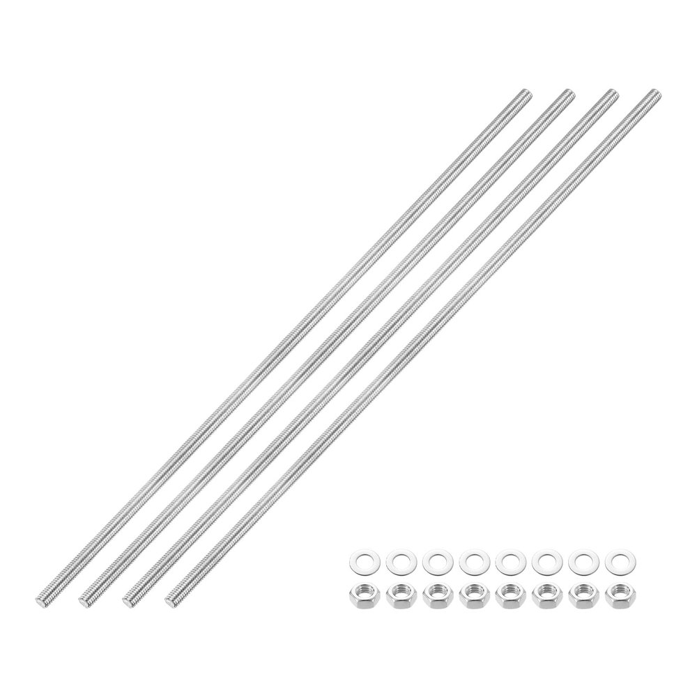 sourcing map Fully Threaded Rod, M5 x 250 mm, 201 Stainless Steel, Right-Hand Thread, with Nuts and Flat Washers, 4 Pieces