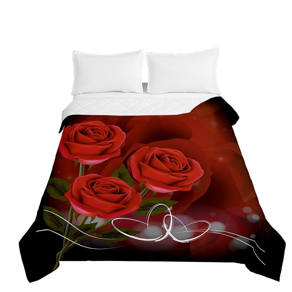 Chickwin Summer Bedspread, Quilted Coverlet for Single or Double Bed, Rose Blossom Pattern, Romantic Red, 150 x 200 cm