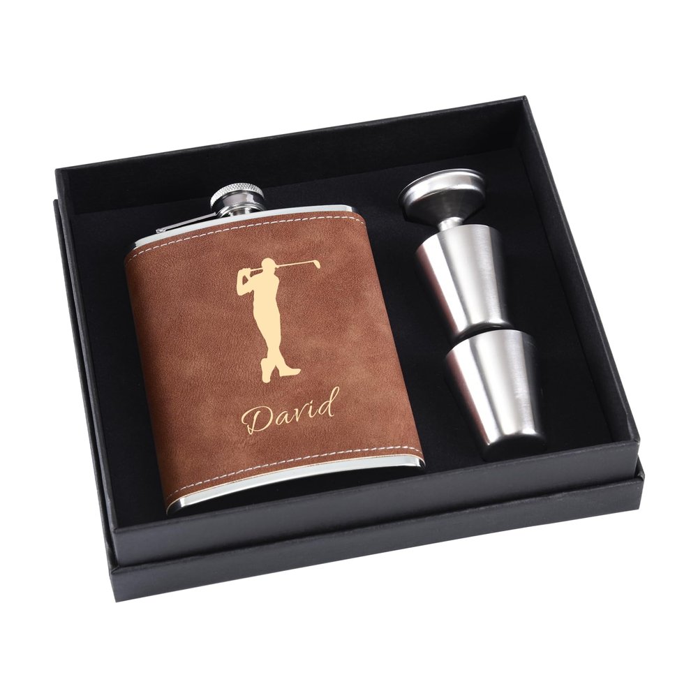 Personalized Flask Gift Set for Men, 8 oz, 304 Stainless Steel, Engraved Golf Symbol, Brown