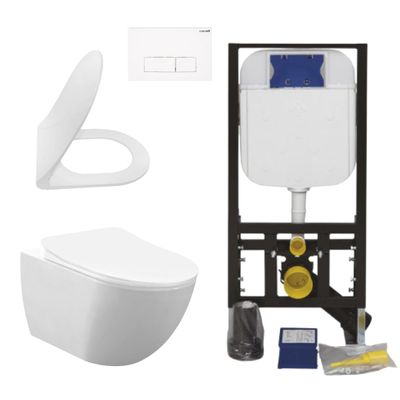 Creavit Wall-Hung Toilet Set, White, Rim-Off Rimless, 48.5 cm, Soft-Close Seat, Concealed 3/6 L Cistern