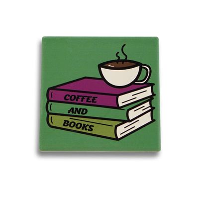 Half Moon Bay Coffee and Books Ceramic Stoneware Coaster, 4 in, Green and Purple