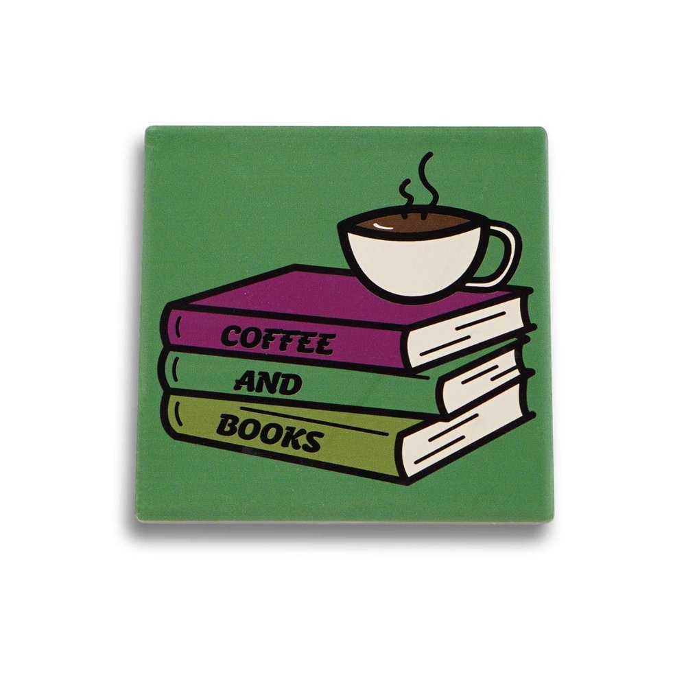 Half Moon Bay Coffee and Books Ceramic Stoneware Coaster, 4 in, Green and Purple