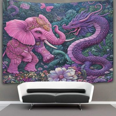 Mexican Art Wall Hanging Tapestry, Pink Elephant Fighting a Purple Dragon, 3D Home Decor, 100 x 150 cm