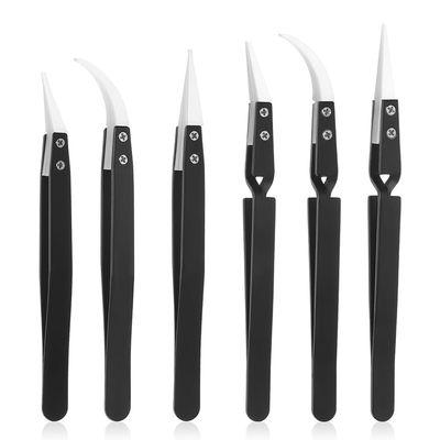 Sirxlevcy 6-Piece Ceramic Reverse-Lock Tweezer Set, Antimagnetic, with Straight and Curved Tips for Soldering Coils