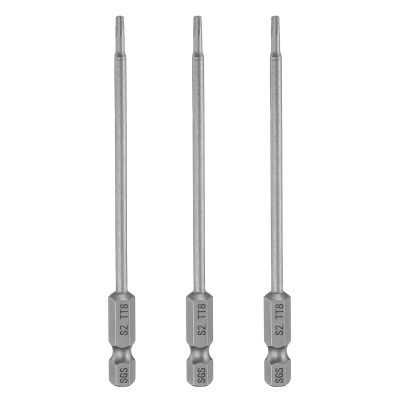 QUARKZMAN 3-Piece TT8 Security Torx Bit Set, 100 mm Long, 1/4 in. Magnetic Hex Shank, S2 Steel