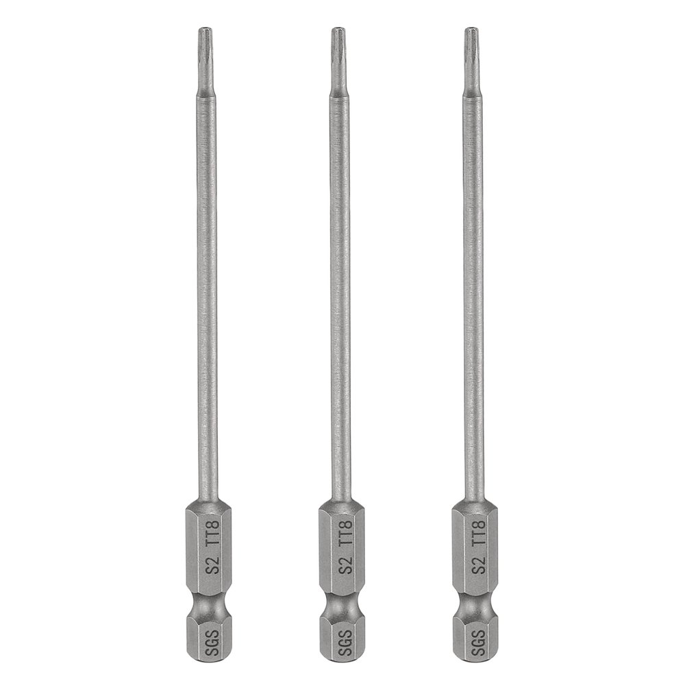 QUARKZMAN 3-Piece TT8 Security Torx Bit Set, 100 mm Long, 1/4 in. Magnetic Hex Shank, S2 Steel