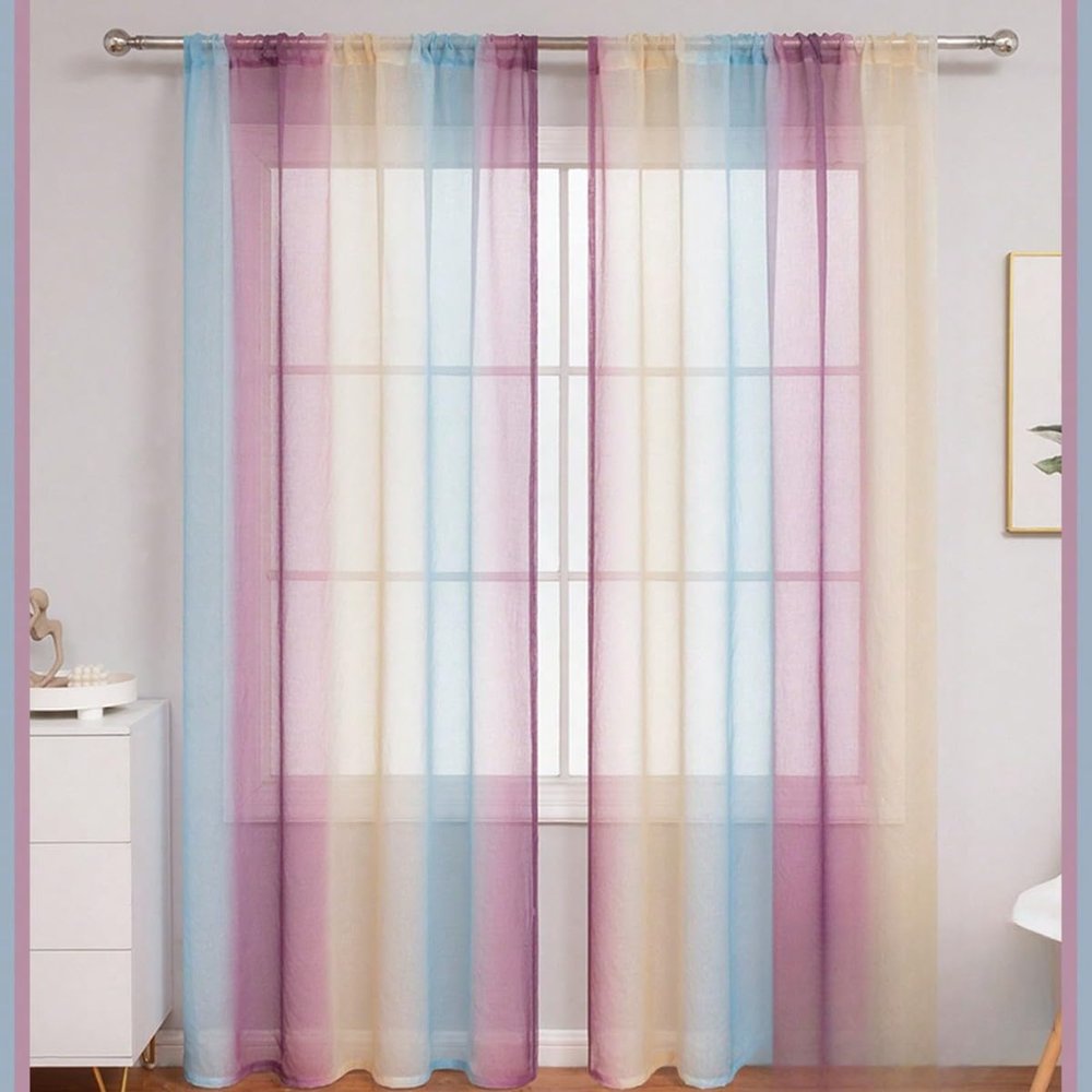 2-Piece Set of Semi-Sheer Gradient Voile Tab-Top Curtains, 180 x 180 cm, Pink/Purple/Blue