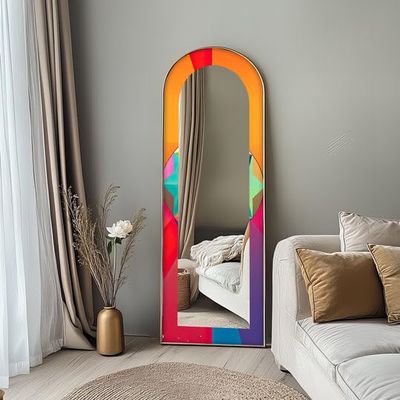 My Photostation.com 20.0" W x 67.0" H Multicolor Geometric Arch Abstract Full-Length Floor Mirror, Curved, Black and Silver-Colored Frame