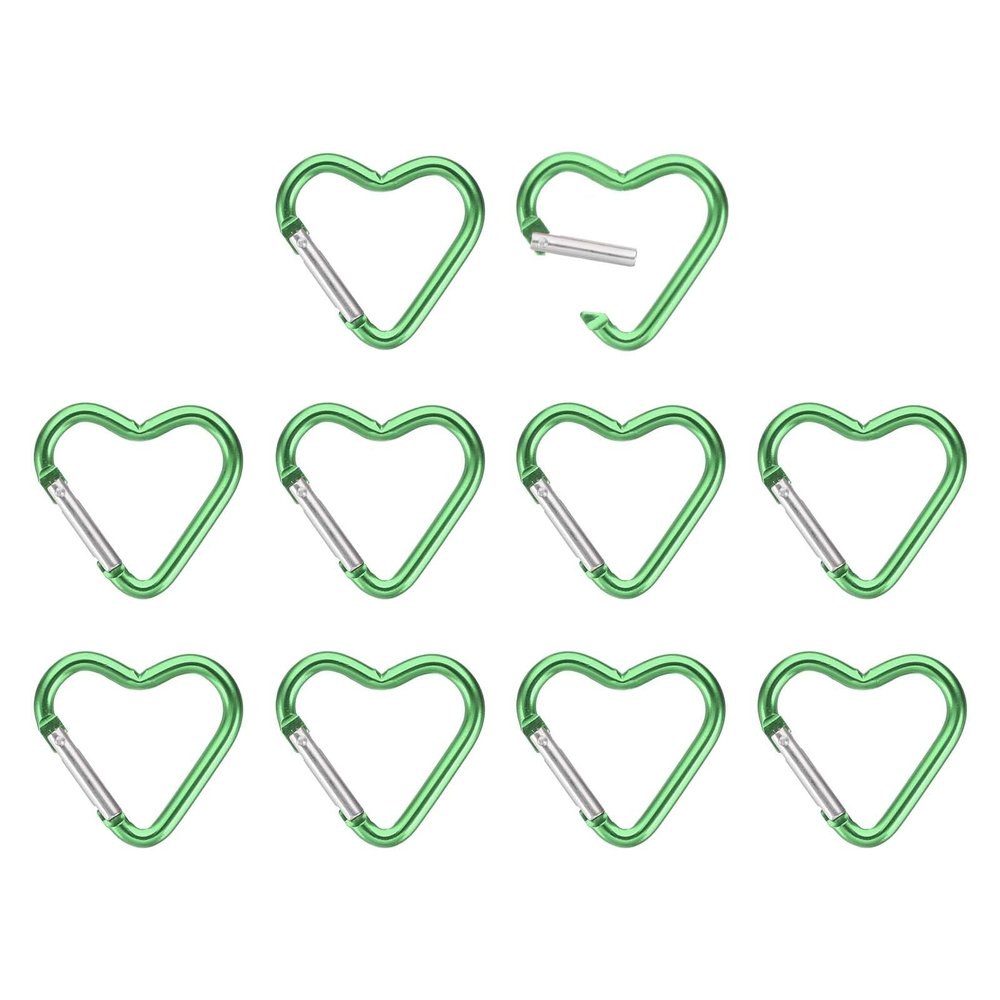 PATIKIL 10-Pack Heart-Shaped Carabiner Clips, Green Aluminum Keychain Clips