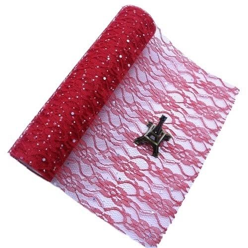 Organza Lace Glitter Sequin Tulle Roll, Netting Fabric Spool for Table Runners and Party Decor (Red)