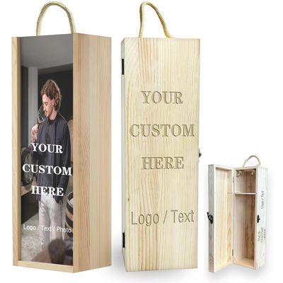 Personalized Wooden Wine Box with Handle, Engraved Single-Bottle Gift Box with Acrylic Sliding Lid