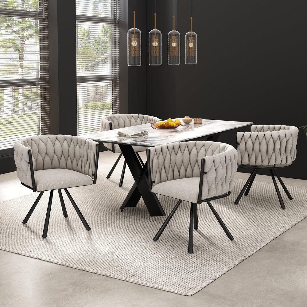 HOXINBLY Dining Chairs Set of 4, Swivel Leisure Chairs with Four Metal Legs, Beige Linen and Black