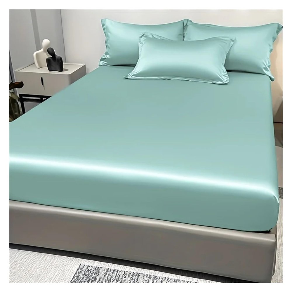 Ice Silk Satin Fitted Sheet, Solid Water Green, 99 x 190 cm