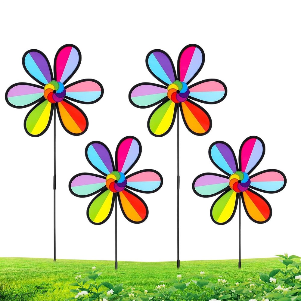 Set of 4 Colorful Flower-Shaped Wind Spinners