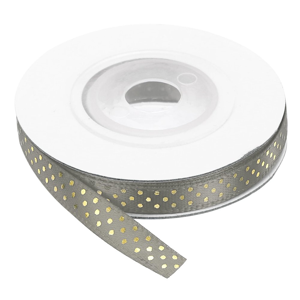 QUARKZMAN 6 mm x 9 m Polyester Satin Ribbon with Gold Dots, Dark Gray