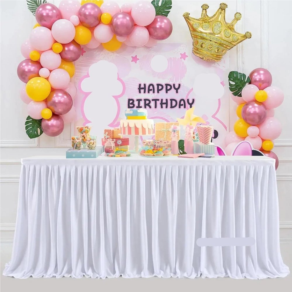 Party Table Skirt, White Pleated Ruffle Skirt for Rectangular Tables, for Parties, Weddings, and Birthdays (Pink, 9 ft; H 78 cm, L 275 cm)