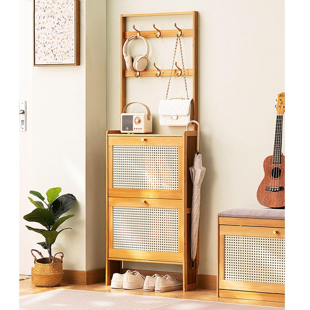 Bamboo Shoe Cabinet with Hooks, Freestanding 2-in-1 Shoe Organizer, Narrow Shoe Rack with Flip Drawers