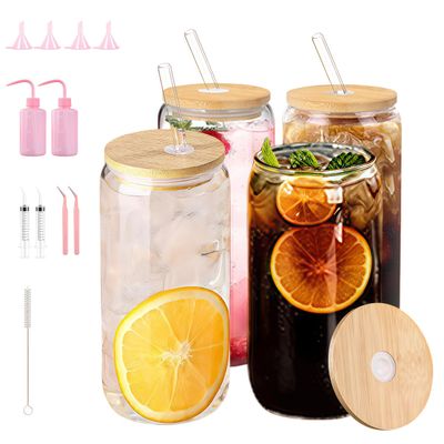 SEILETOO 16 oz Glass Tumblers with Bamboo Lids and Straws